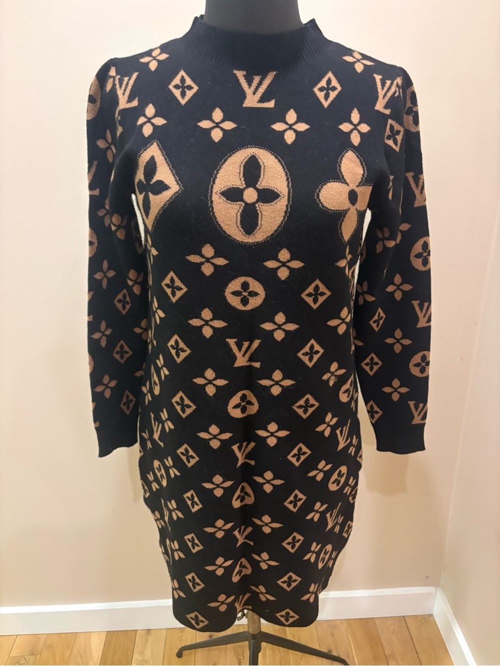 Black and Tan Logo-Pattern Knit Dress